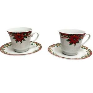 VTG Sunflower China Set of 2 Poinsettia Patterned Tea Cups & Saucers